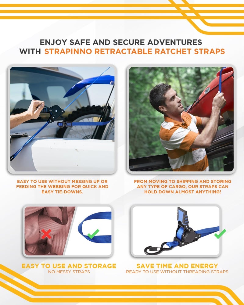 Strapinno أشرطة سقاطة قابلة للسحب من Strapinno بطول 1 × 10 أقدام مع مقابض فولاذية مطلية بالمطاط للدراجات النارية Jetski Kayak بقوة كسر 1 500 رطل/680 كجم - Image 5